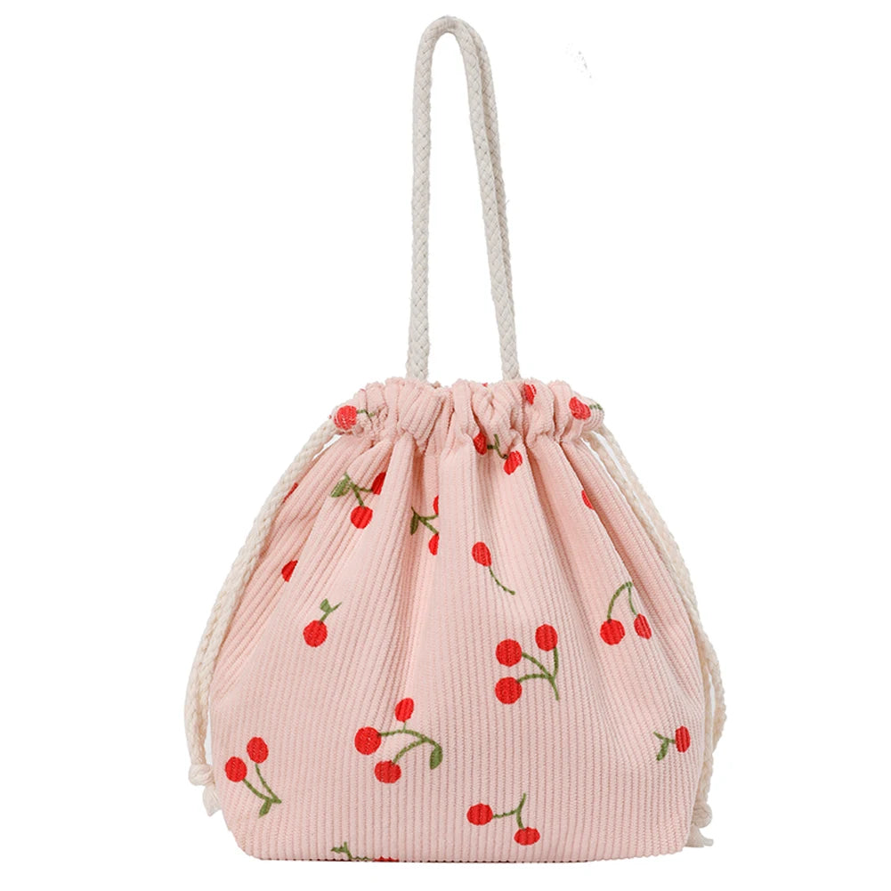 Corduroy Strawberry Bucket Bag Drawstring Closure Casual Tote Bag Handbag for Women Everyday College Travel