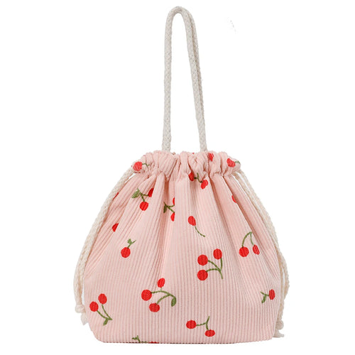 Corduroy Strawberry Bucket Bag Drawstring Closure Casual Tote Bag Handbag for Women Everyday College Travel