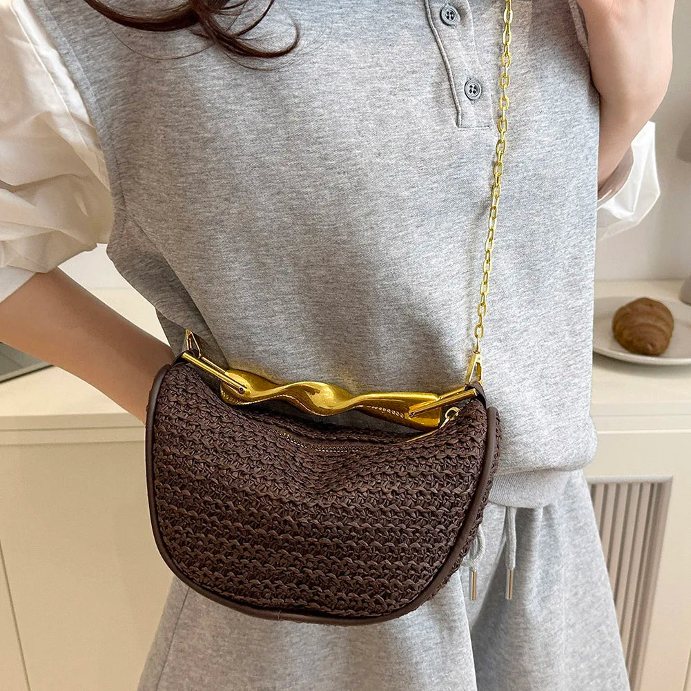 Women Handwoven Shoulder Bag with Metal Handle Elegant Knitting Sling Bag Trendy Straw Handbag Seaside Straw Handbag