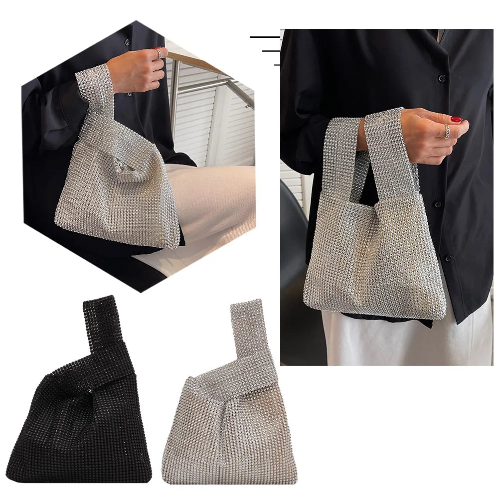 Women Crystal Bling Bag Solid Color Rhinestone Glitter Vest Purse Versatile Small Luxury Clutch Female Evening Party Handbag