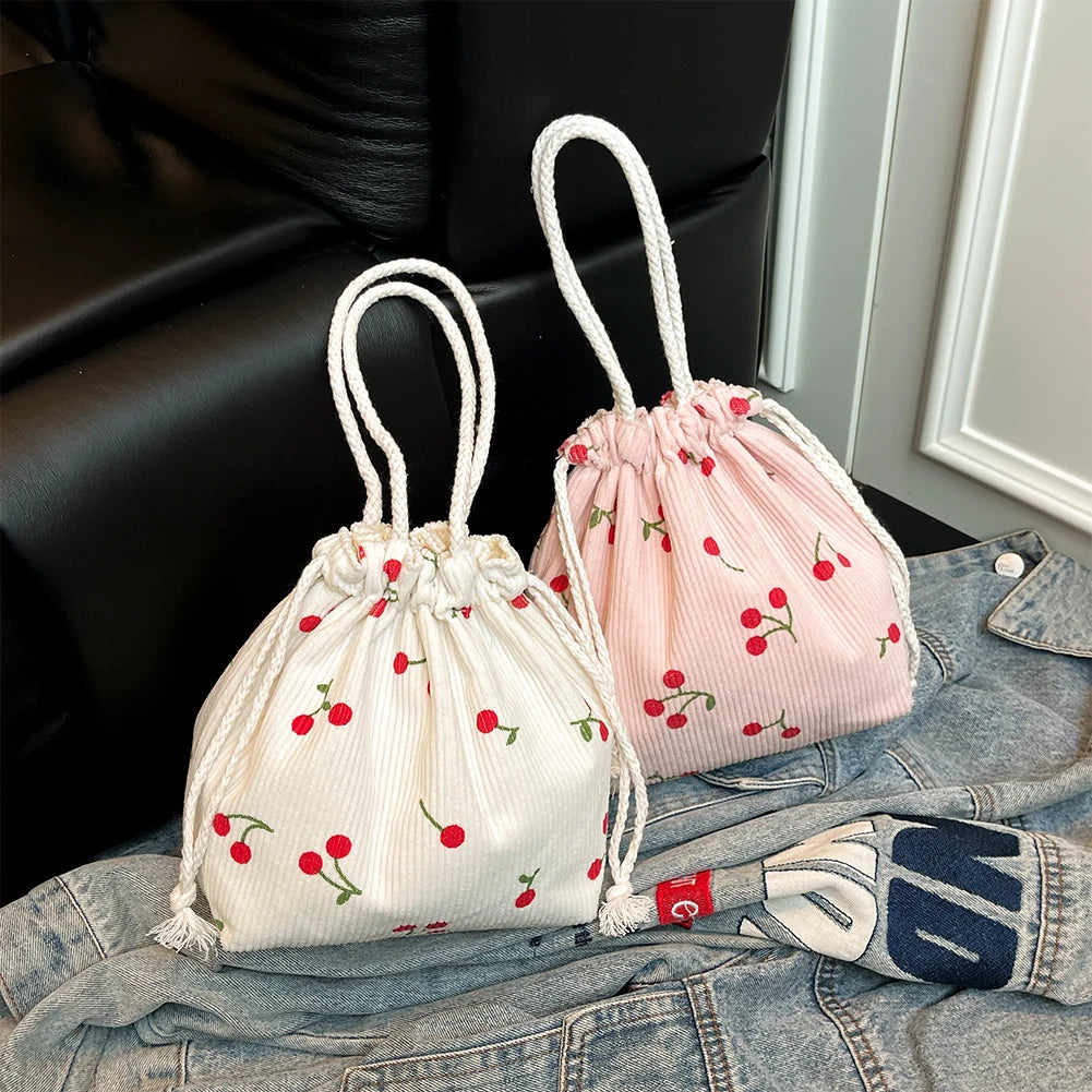 Corduroy Strawberry Bucket Bag Drawstring Closure Casual Tote Bag Handbag for Women Everyday College Travel