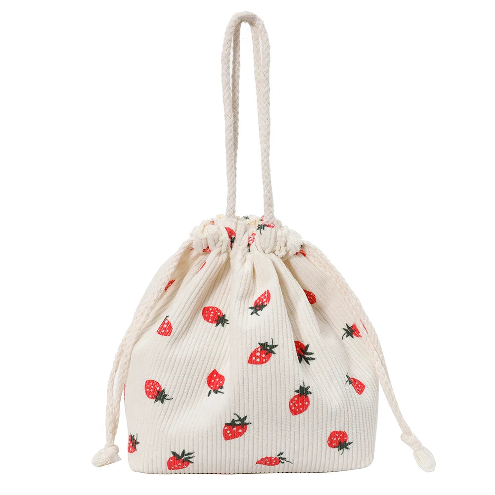 Corduroy Strawberry Bucket Bag Drawstring Closure Casual Tote Bag Handbag for Women Everyday College Travel